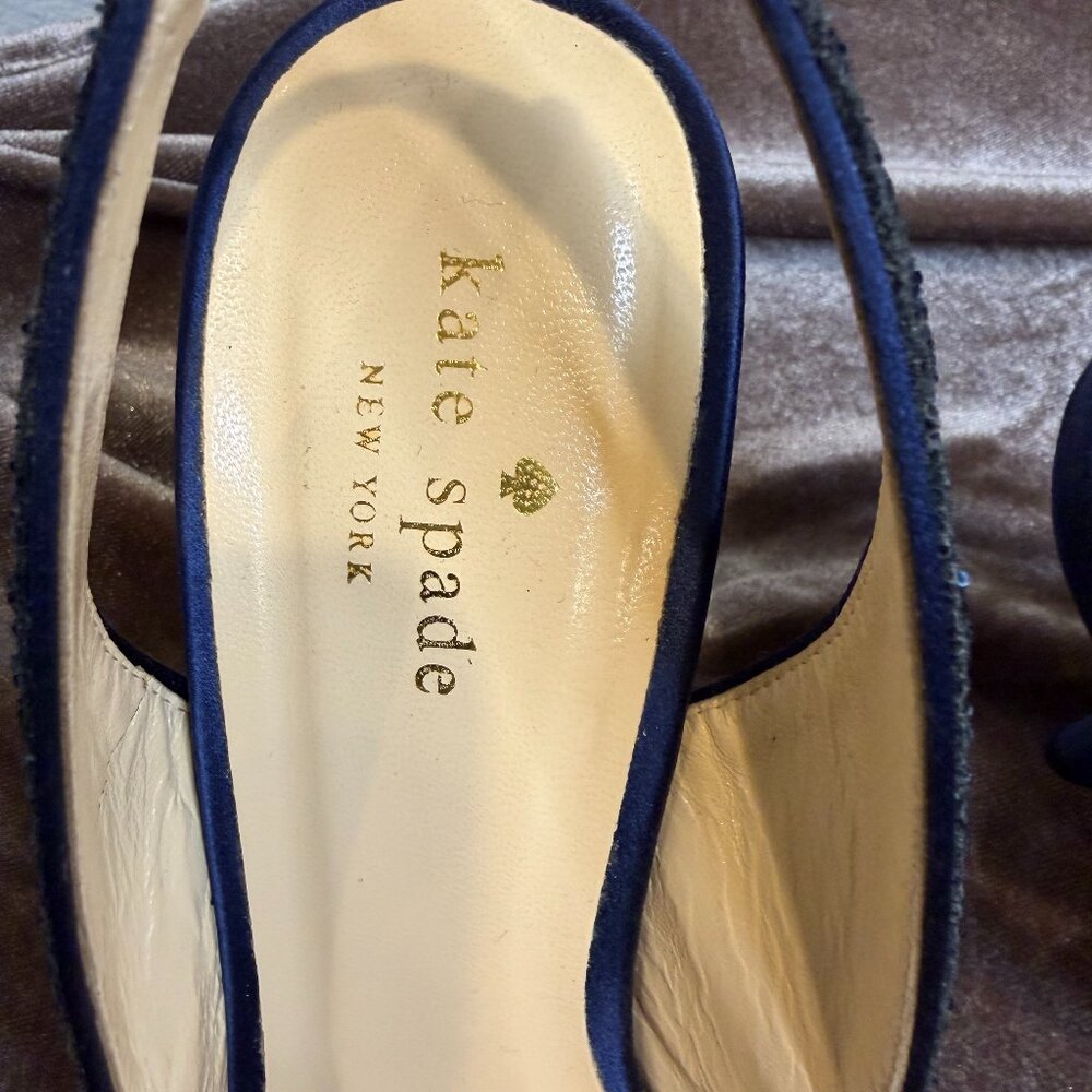 KATE SPADE Navy Glitter Blue Bow Slingback Charm Heels 8 designer glam couquette - Picture 7 of 13